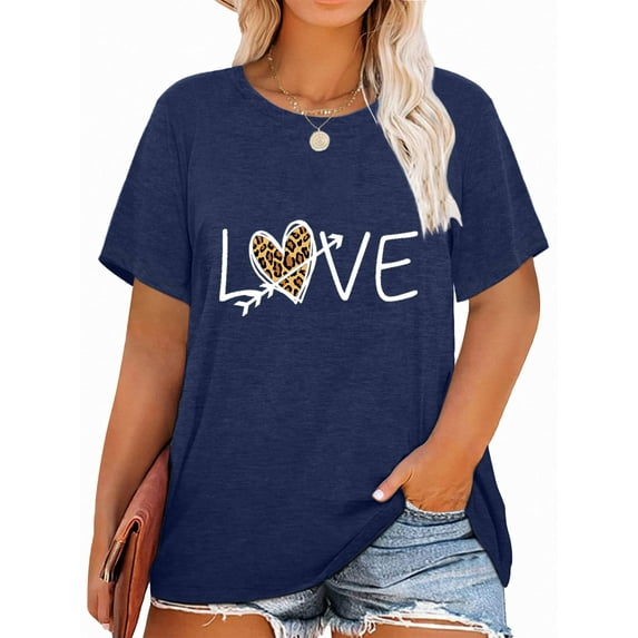 Anbech Women Heart Printed Plus Size T-Shirts Graphic LOVE Heart Print Short Sleeves Tees Cute Oversize T-Shirt with Round Neck