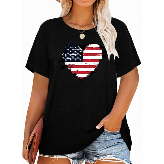 Anbech Women Plus Size 4th of July Heart Printed T-Shirts Graphic LOVE Heart Short Sleeves Tees