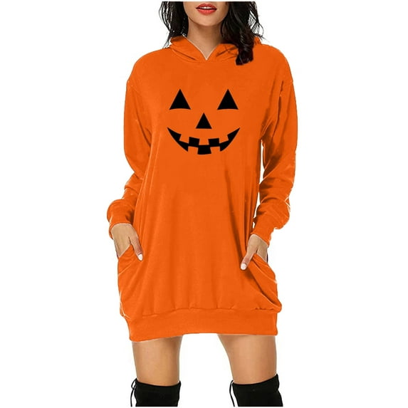 Anbech Women Hooded Sweater Halloween Mid Length Sweater with Pockets Long Sleeve Graphic Top