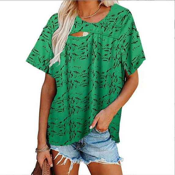 XCHQRTI Women Prints Hollow Out T Shirt Casual Loose Short Sleeves T-shirt Tops