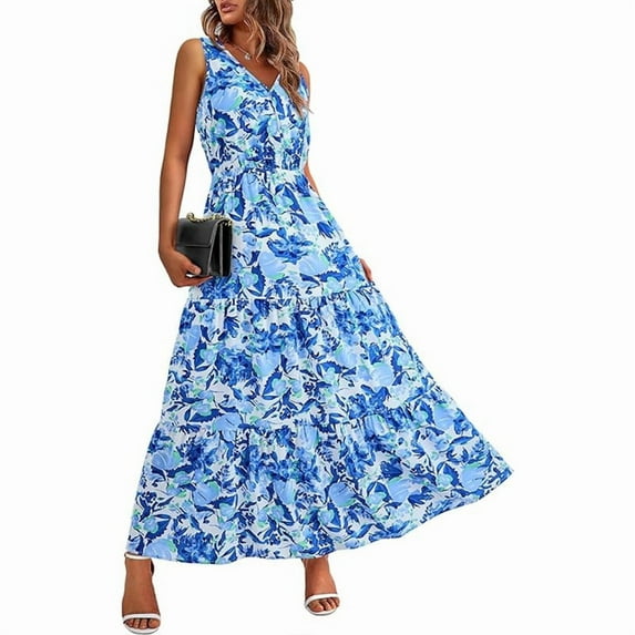 Anbech Women Summer Floral Dresses Casual Sleeveless Casual Dresses Elastic Waist Long Dress
