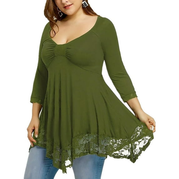 Anbech Women Sexy Scoop Neck T Shirt Tops Three Quaters Lace Irregular Plus Size T-shirt