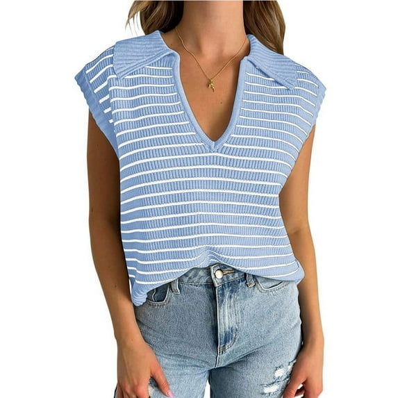 Anbech Women Striped V-Neck Sweater Tops Cap Sleeve Knit Shirt Summer Dressy Pullover