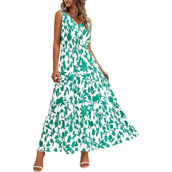 Anbech Women Summer Floral Dresses Casual Sleeveless Casual Dresses Elastic Waist Long Dress