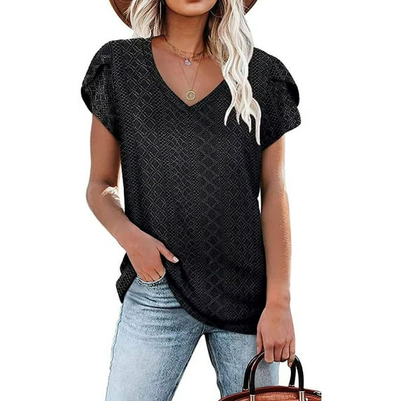 Anbech Women V Neck Lace Shirt Short Petal Sleeve Tshirt Casual Loose Summer Tee Tops
