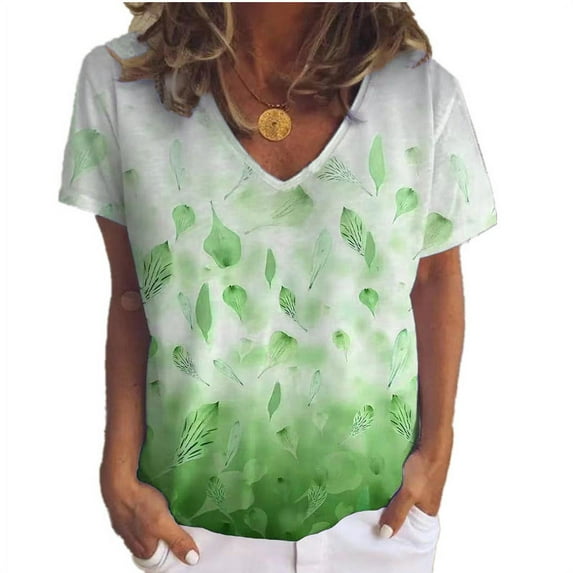 Anbech Women V Neck Leaves Prints T Shirt Summer Casual Plus Size Tee Tops