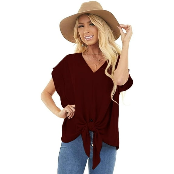 Anbech Women V Neck Pocket Shirts Bowknot Casual Loose Summer Short Sleeves Tshirt Tops
