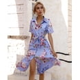 thumbnail image 1 of Anbech Women's Belted Dress Front Button Lapel V Neck Short Sleeve Tie Knot Midi Shirt Dresses,Purple, 1 of 6