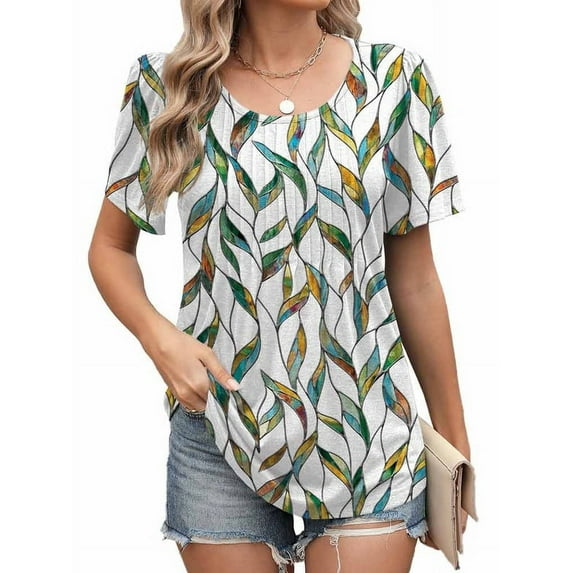 Anbech Women's Casual Pleated Tops Trendy Blouse Short Sleeve Summer Tunic Tshirt