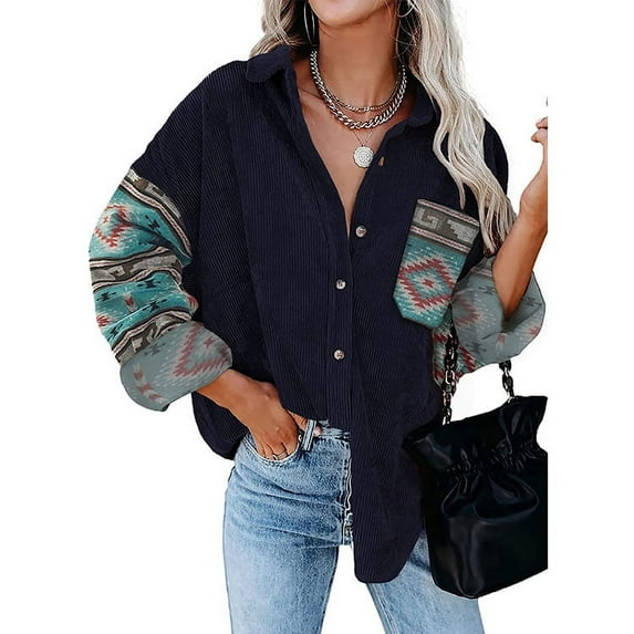 Anbech Women's Corduroy Button Down Shacket Vintage Geometry Long Sleeve Shirt Jacket Oversized Corduroy Blouses Coats
