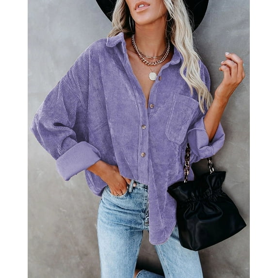 Anbech Women's Corduroy Button Down Shacket Vintage Long Sleeve Shirt Jacket Oversized Corduroy Blouses Coats