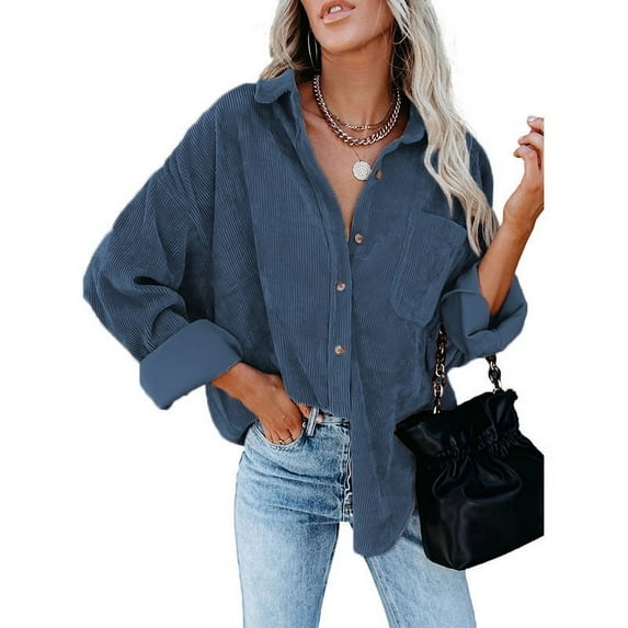 Anbech Women's Corduroy Button Down Shacket Vintage Long Sleeve Shirt Jacket Oversized Corduroy Blouses Coats