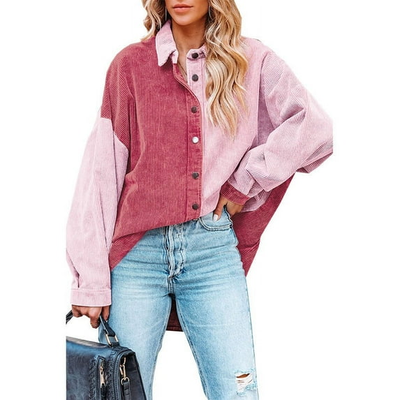 Anbech Women's Corduroy Button Down Shacket Vintage Long Sleeve Shirt Jacket Oversized Corduroy Blouses Coats
