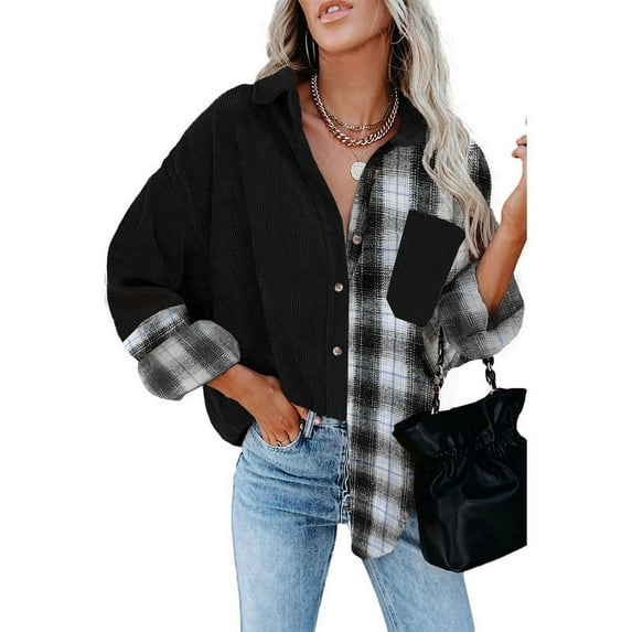 Anbech Women's Corduroy Button Down Shacket Vintage Plaid Long Sleeve Shirt Jacket Oversized Corduroy Blouses Coats