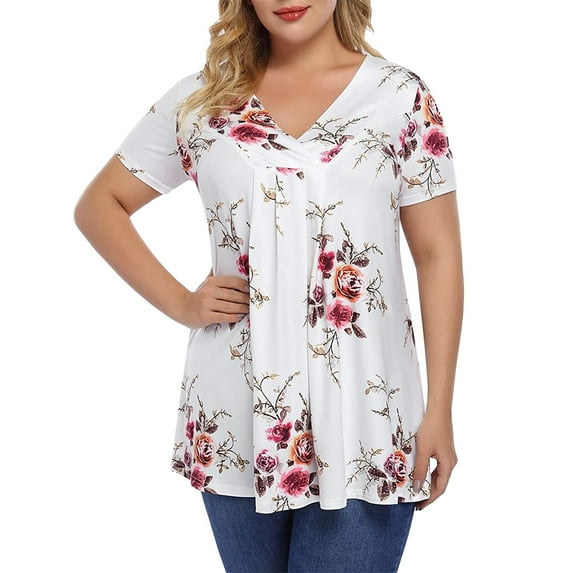 XCHQRTI Women's Floral Print T Shirt V neck Basic Blouse Tee Shirt Plus Size Top