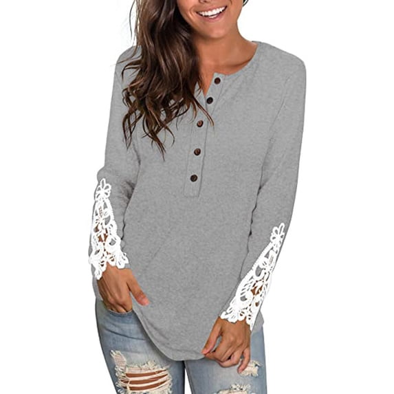 Anbech Women's Lace Long Sleeve Shirt Round Neck Solid Color Blouse Hem Tightened Tops