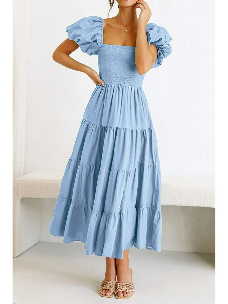 Anbech Casual Women's Puff Short Sleeve Midi Dress, Summer