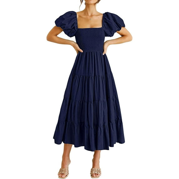 Anbech Women's Puff Short Sleeve Midi Dress 2024 Summer Square Neck Smocked Tiered High Waist Dress