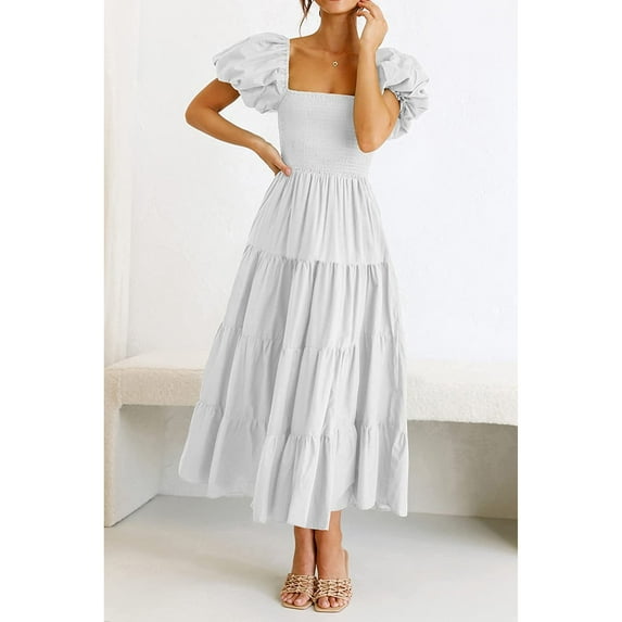 Anbech Women's Puff Short Sleeve Midi Dress 2024 Summer Square Neck Smocked Tiered High Waist Dress