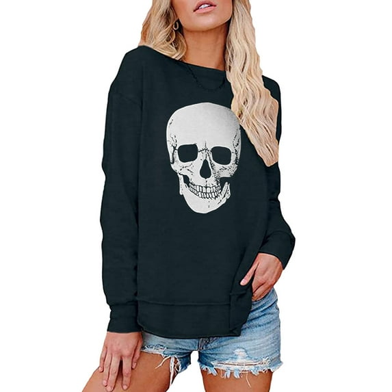 XCHQRTI Women's Skull Sweatshirt Graphic T Shirts Long Sleeve Top Pullover Halloween Sweaters