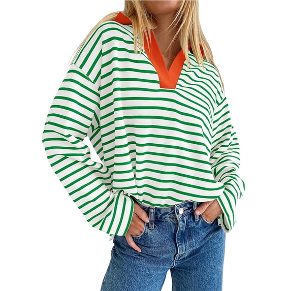 Anbech Women's Striped Lapel Sweatshirt Long Sleeve V Neck Tshirt Oversized Y2K Tee Tops