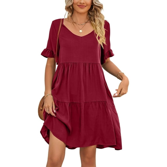 Anbech Women's Tiered Mini Dress V-Neck A-Line Ruffle Dress Pleated Flowy 2025 Dresses