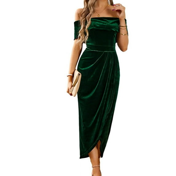 Anbech Women's Velvet Dress Foldover Off Shoulder Midi Dress High Split Cocktail Gowns