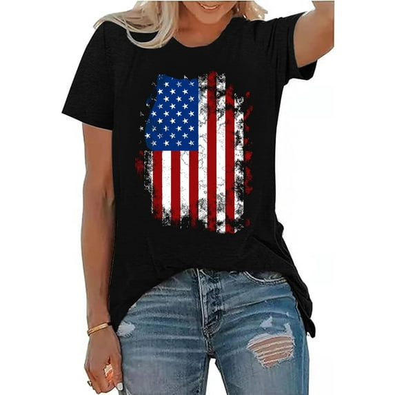 Anbech Womens American Flag T Shirt Love 4th of July USA Star Stripes Shirts Short Sleeve