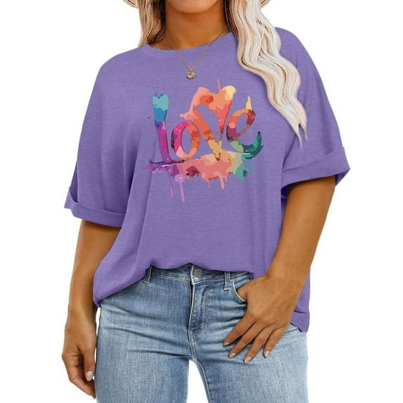 XCHQRTI Womens Plus Size Love Heart Tshirt Rolled Sleeve Graphic Tee Flowy Casual Blouse Top