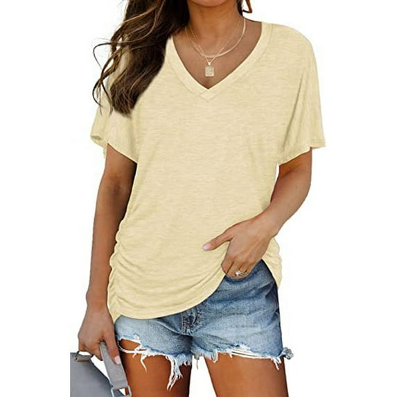 Anbech Womens Sexy V Neck Shirt Dolman Short Sleeve Tops with Side Shirring Loose Fit Tshirts