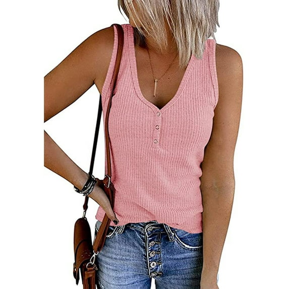 Anbech Womens V Neck Henley Tank Tops Sleeveless Ribbed Button Tee Summer Casual Henley Shirts