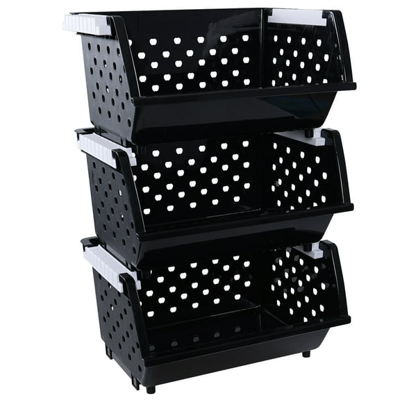 Anbers 3 Packs Plastic Stackable Storage Baskets, Large Stacking Bins, Black