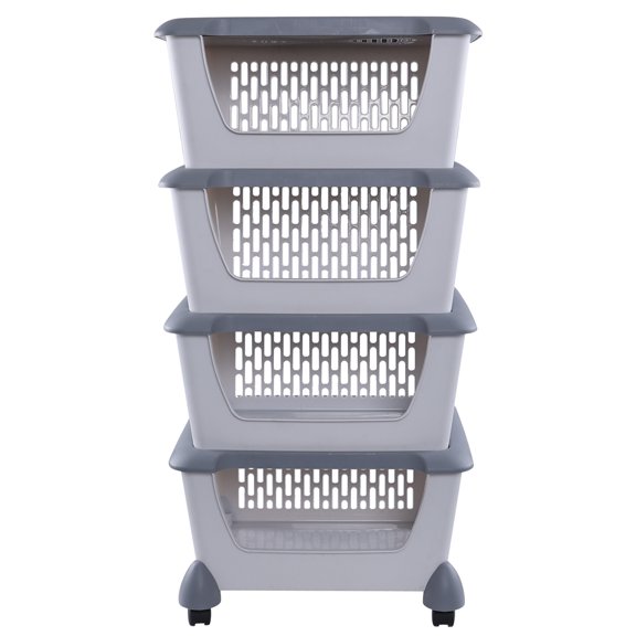 Anbers 4-Tier Stackable Storage Baskets with Rolling Wheels, Plastic Stacking Baskets