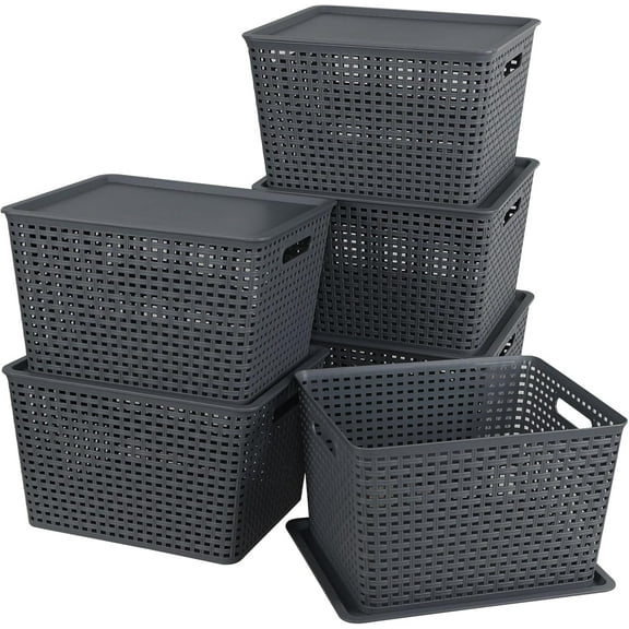 Anbers 6 Pack Plastic Weave Basket for Shelves, Stackable Storage Basket with Lid, Dark Grey