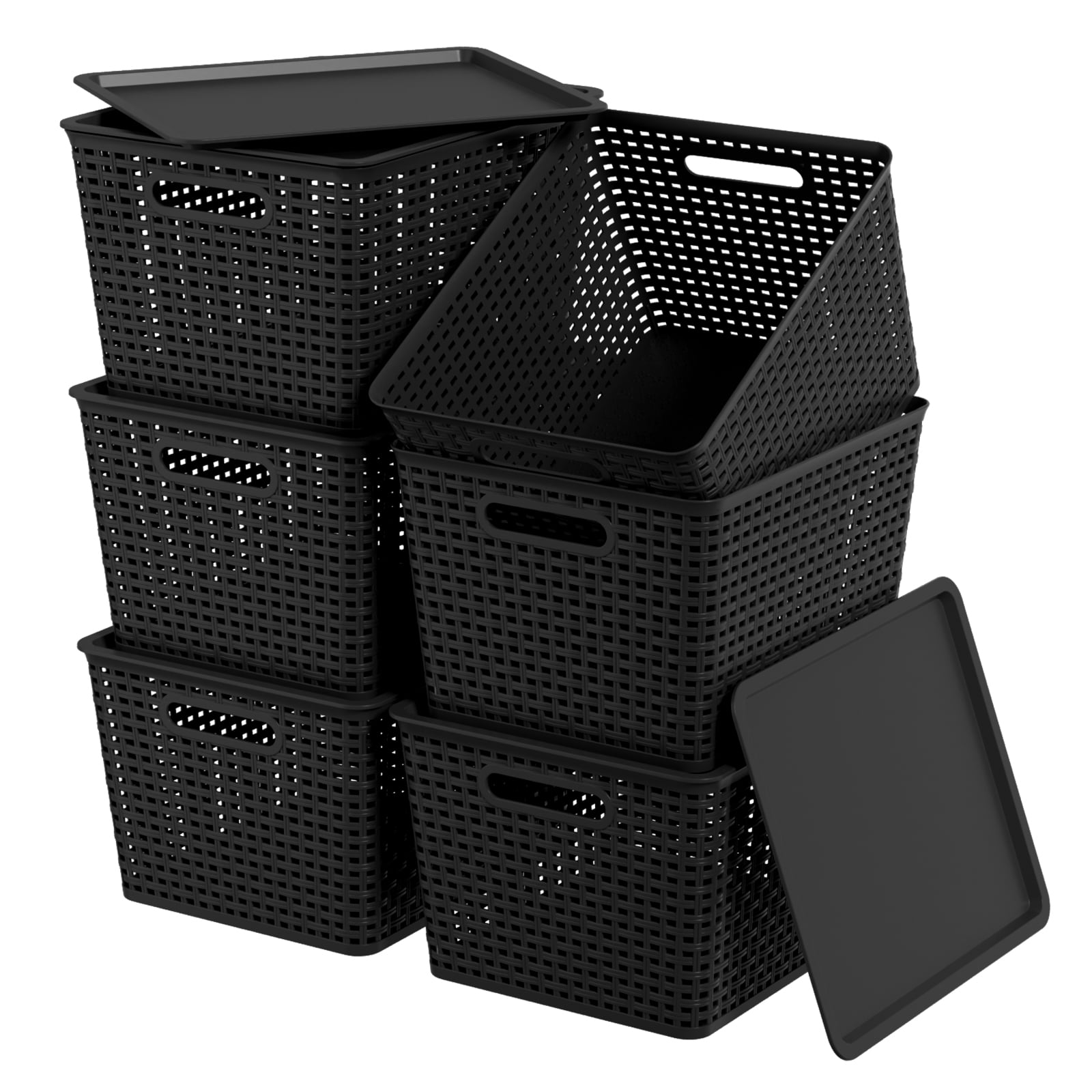 Anbers Plastic Weave Storage Basket with Lid, Black Organizer Baskets, 6-Pack