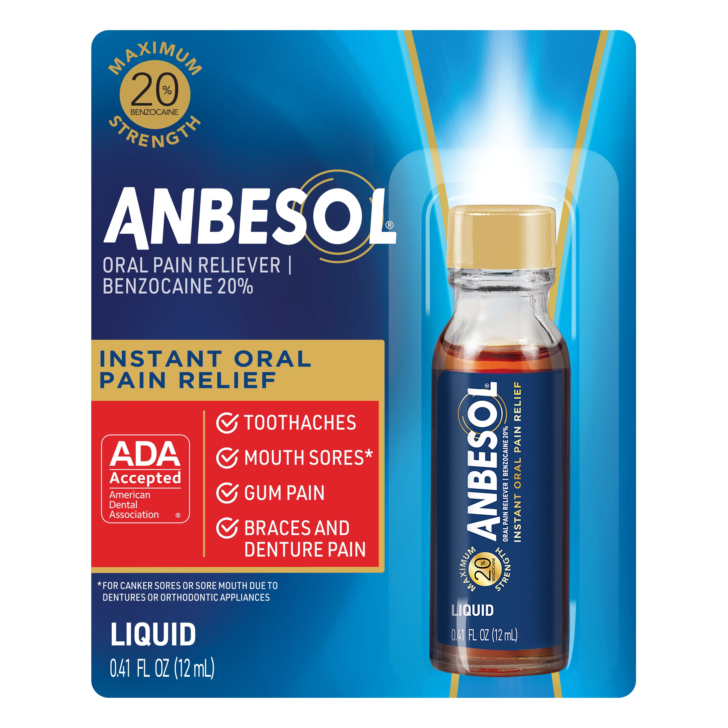 Anbesol Instant Oral Pain Relief, Benzocaine, Liquid Maximum Strength, 0.41 fl oz.