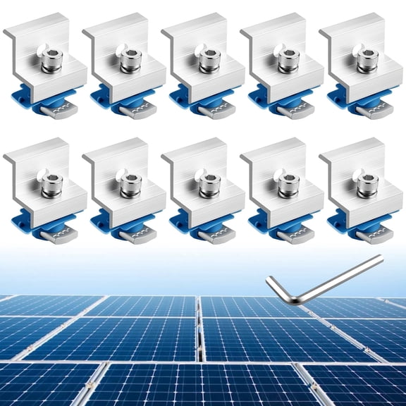 Anbte 10Pcs Solar Panel End Clamps, 30mm/35mm Aluminum PV Mounting Bracket Kit for Standard Unistrut, with Nuts Bolts Hardware, for Metal, Tin, Flat & Sheet Roof