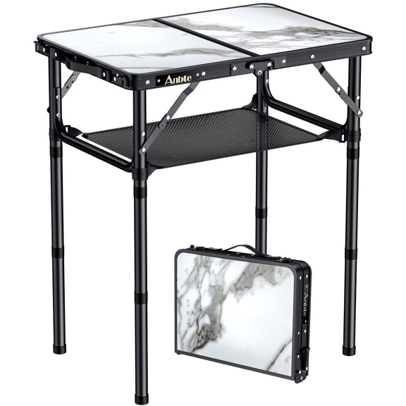 Anbte 2ft Folding Camping Table, 3 Adjustable Height Aluminum Small Table with Storage Net, Portable for Outdoor Indoor Camping BBQ