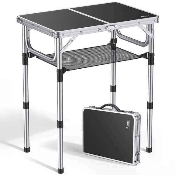 Anbte 3 Adjustable Height Folding Camping Table, 24" x 16" Aluminum Portable Table with Carry Handle, for Outdoor Picnic BBQ