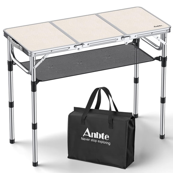 Anbte 3ft Tri-fold Camping Table, 3 Adjustable Height Aluminum Folding Table with Storage Net, for Outdoor BBQ Picnic