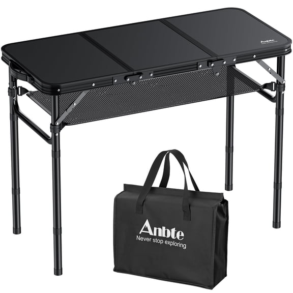 Anbte 3ft Tri-fold Camping Table, 3 Adjustable Height Aluminum Folding Table with Storage Net, for Outdoor BBQ Picnic