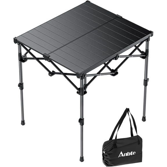 Anbte Foldable Roll Up Camping Table, 2 Adjustable Heights 27.5" Max, 26"x23" Heat Resistant Aluminum Grill Table with Carry Bag for RV BBQ Beach Patio
