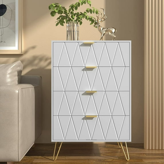 Anbuy 4 Drawer Dresser White with Gold Handles, Drawer Chest Tall Storage Dresser Cabinet Organizer Unit with Gold Metal Legs for Bedroom, Living Room, Closet White