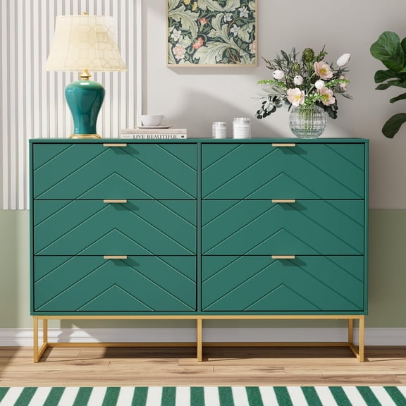 Anbuy 6 Drawer Dresser for Bedroom with Gold Handles, Morden Chest of Drawers Storage Cabinet, Wooden Dresser, Wood Closet Clothes Storage Organizer for Living Room, Hallway Green
