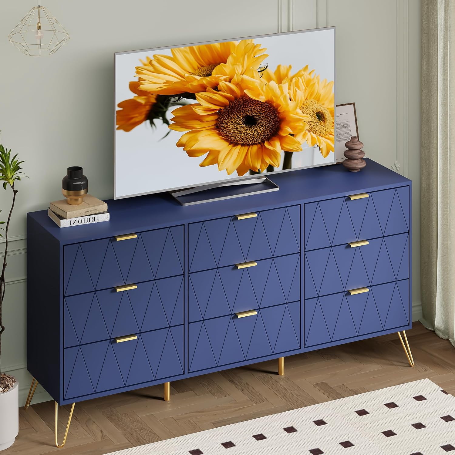 Anbuy 9 Drawer Dresser Navy with Gold Handles for Bedroom, Chest of ...