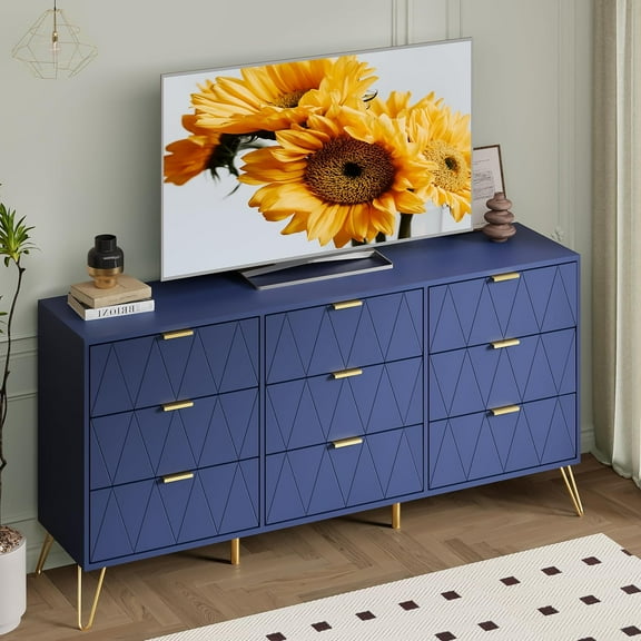 Anbuy 9 Drawer Dresser Navy with Gold Handles for Bedroom, Chest of Drawers & Long Dresser with Deep Drawers, Modern Wood Dressers for Closet Living Room（Navy Blue）