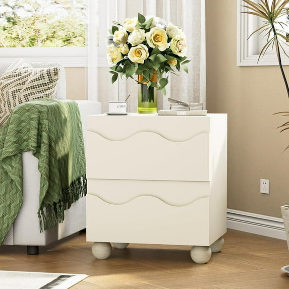 Anbuy Beige Nightstand with Wave Pattern, Modern Night Stand with 2 Drawers for Bedroom, Side End Table with Hidden Handles Scalloped Bedside Night Tables with Solid Wood Legs