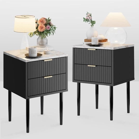 Anbuy Black Marble Nightstands Set of 2 with Gold Handle, Striped Night Stand with Drawers, End Side Table with Faux Marble Top, 2 Drawers End Table Metal Legs for Bedroom, Living Room