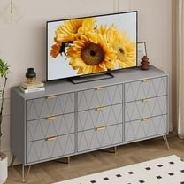 Anbuy Gray 9 Drawer Dresser for Bedroom with Gold Handles, Long Dresser & Chest of Drawers with Deep Drawers, Modern Wood Dressers for Closet Living Room（Grey）