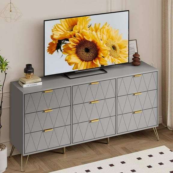 Anbuy Gray 9 Drawer Dresser for Bedroom with Gold Handles, Long Dresser & Chest of Drawers with Deep Drawers, Modern Wood Dressers for Closet Living Room（Grey）